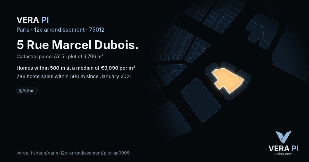 5 Rue Marcel Dubois, 12e arrondissement at night – the plot lit, the parcels around coloured by the prices near them