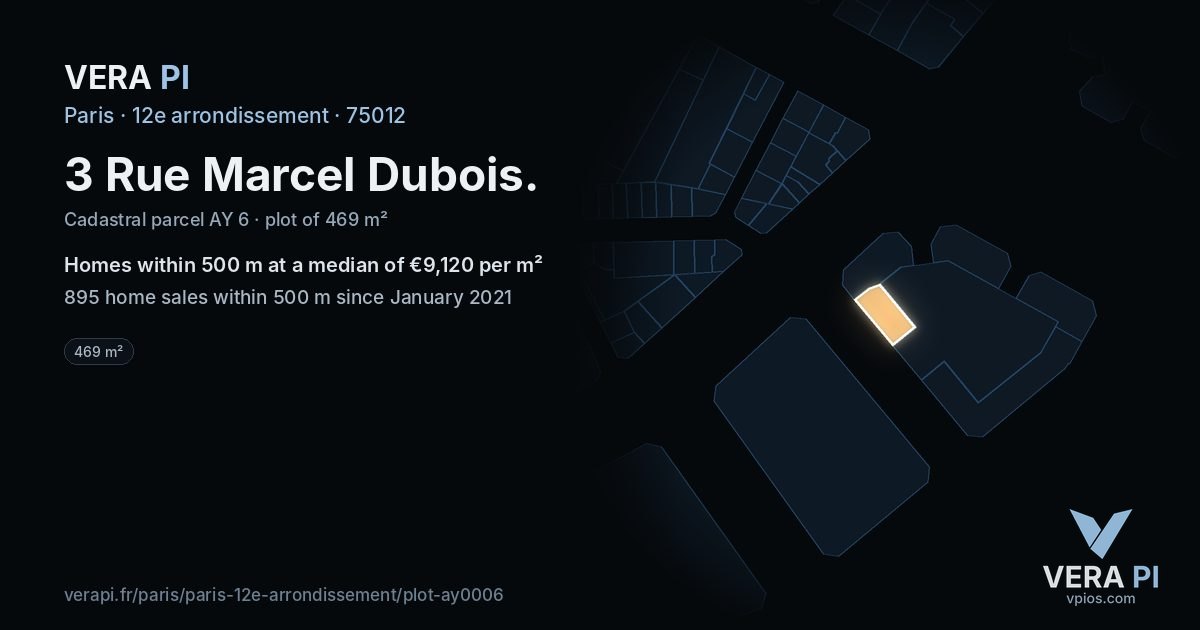 3 Rue Marcel Dubois, 12e arrondissement at night – the plot lit, the parcels around coloured by the prices near them