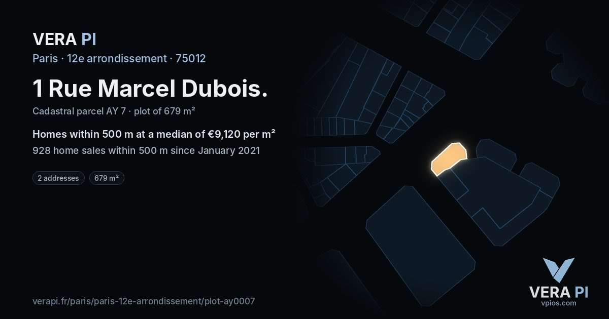1 Rue Marcel Dubois, 12e arrondissement at night – the plot lit, the parcels around coloured by the prices near them