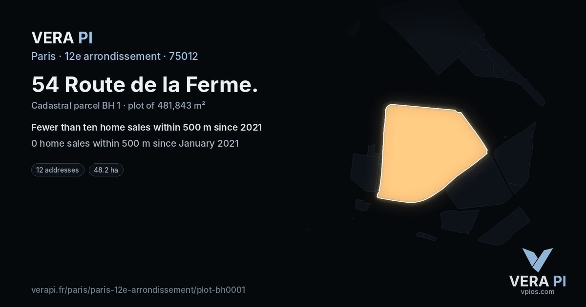 54 Route de la Ferme, 12e arrondissement at night – the plot lit, the parcels around coloured by the prices near them