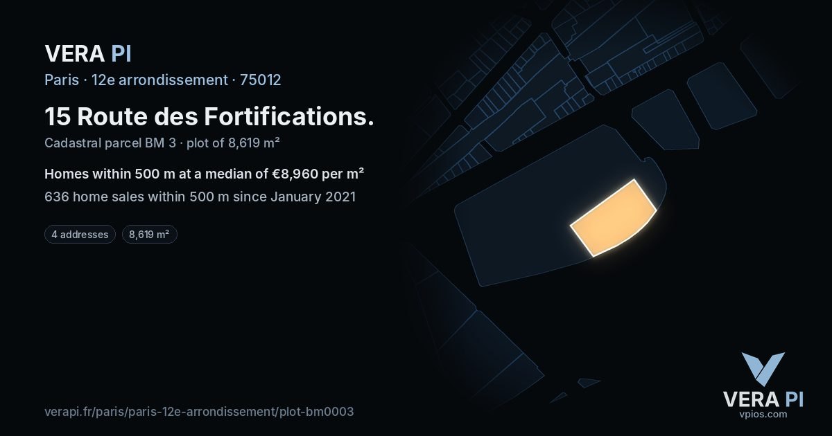 15 Route des Fortifications, 12e arrondissement at night – the plot lit, the parcels around coloured by the prices near them