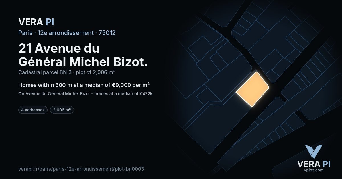 21 Avenue du Général Michel Bizot, 12e arrondissement at night – the plot lit, the parcels around coloured by the prices near them