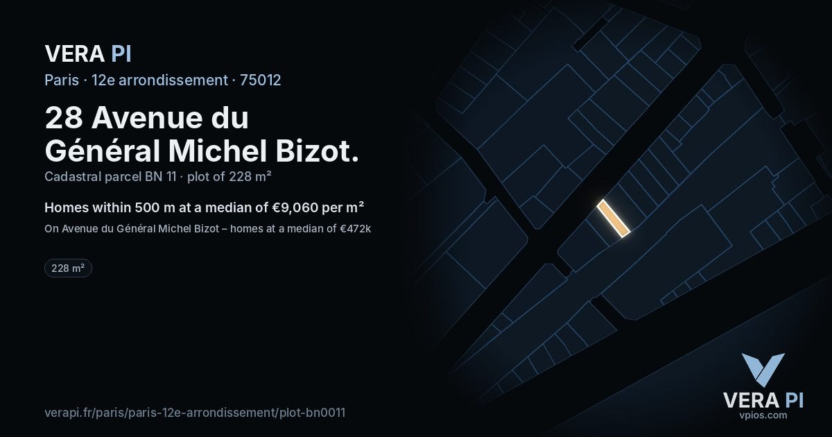 28 Avenue du Général Michel Bizot, 12e arrondissement at night – the plot lit, the parcels around coloured by the prices near them