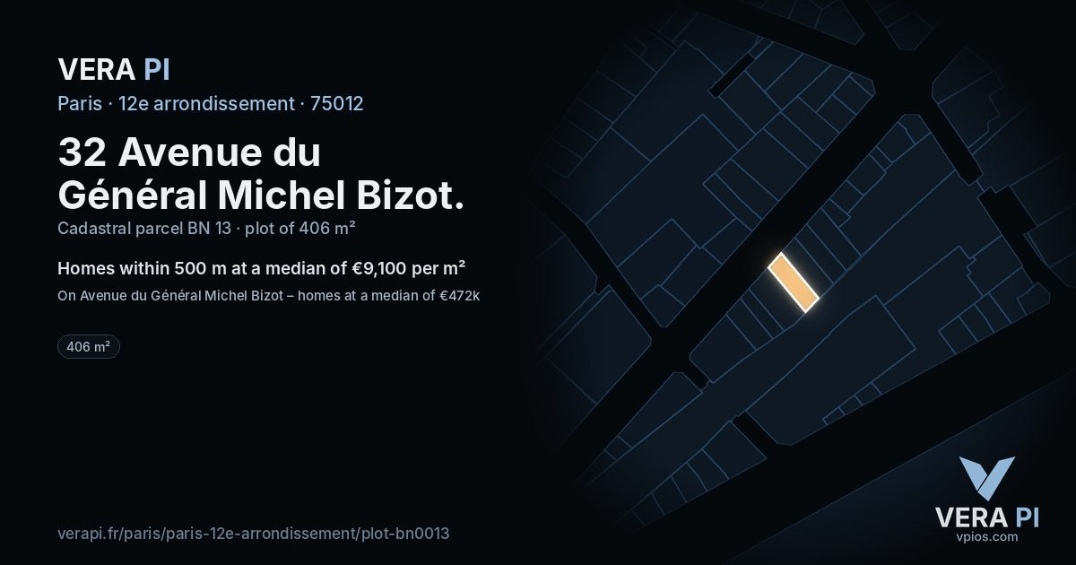 32 Avenue du Général Michel Bizot, 12e arrondissement at night – the plot lit, the parcels around coloured by the prices near them