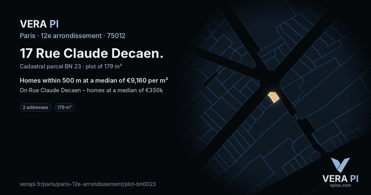 17 Rue Claude Decaen, 12e arrondissement at night – the plot lit, the parcels around coloured by the prices near them
