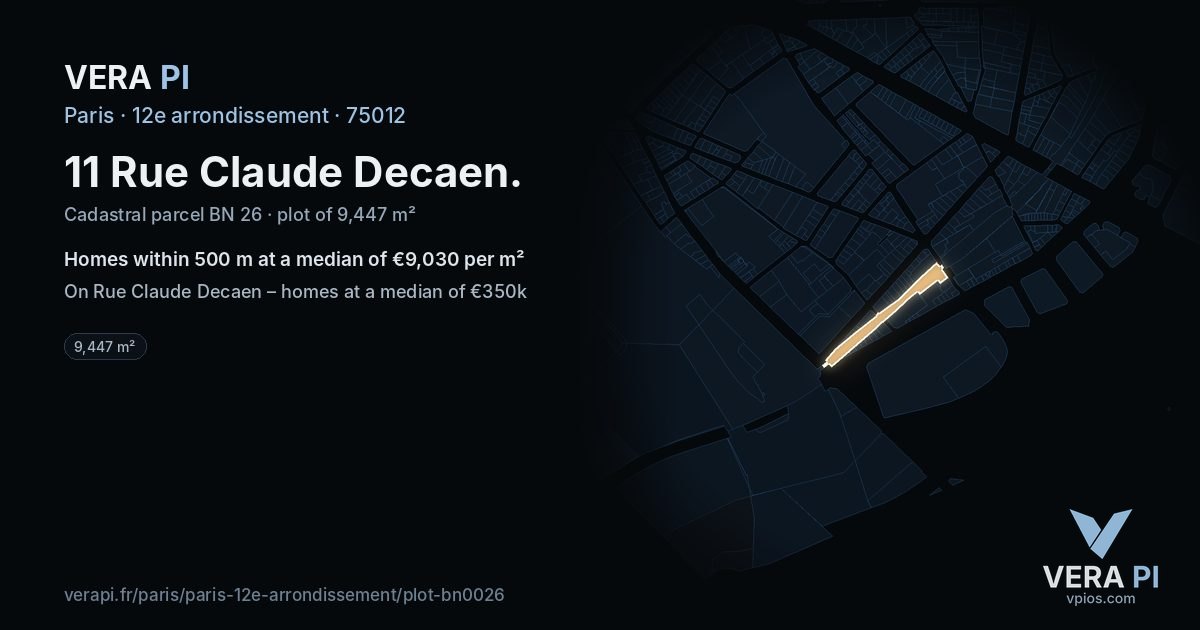 11 Rue Claude Decaen, 12e arrondissement at night – the plot lit, the parcels around coloured by the prices near them