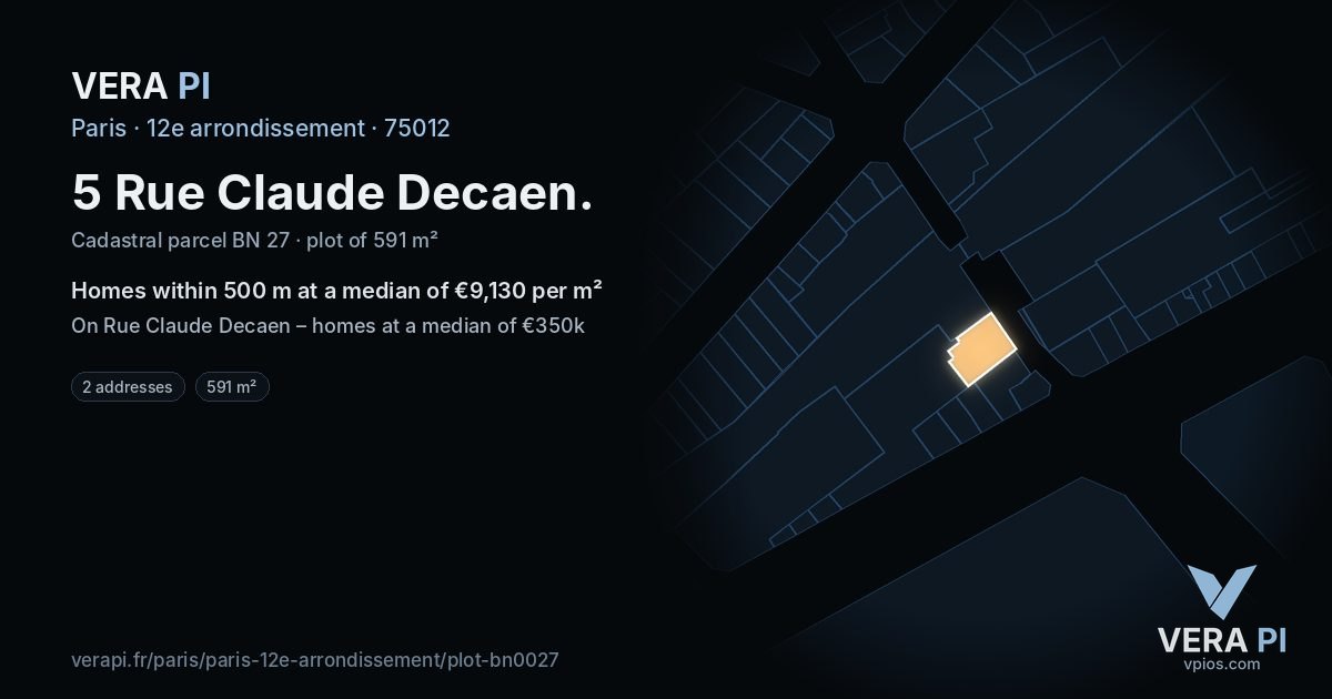 5 Rue Claude Decaen, 12e arrondissement at night – the plot lit, the parcels around coloured by the prices near them