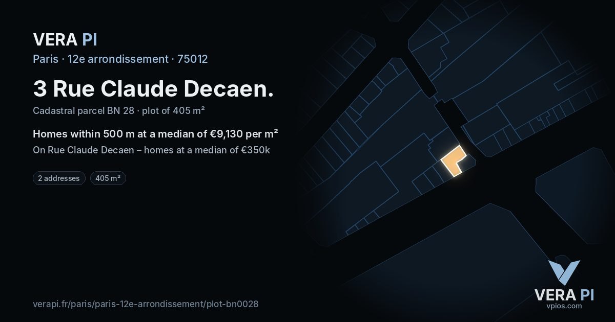 3 Rue Claude Decaen, 12e arrondissement at night – the plot lit, the parcels around coloured by the prices near them