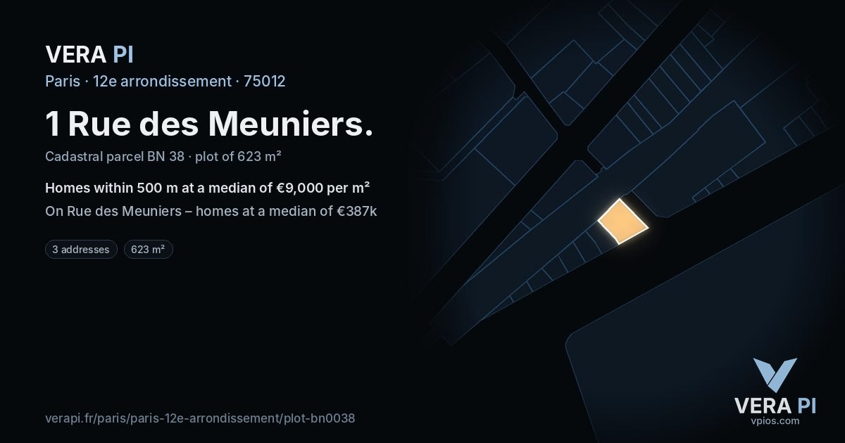 1 Rue des Meuniers, 12e arrondissement at night – the plot lit, the parcels around coloured by the prices near them