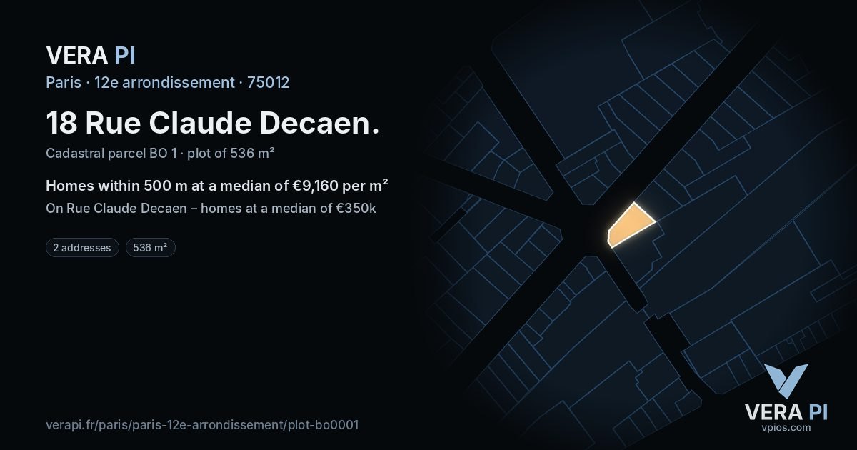 18 Rue Claude Decaen, 12e arrondissement at night – the plot lit, the parcels around coloured by the prices near them