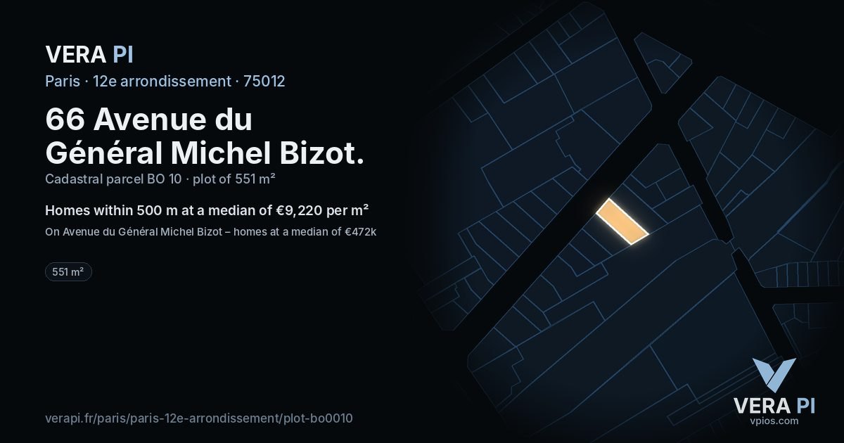 66 Avenue du Général Michel Bizot, 12e arrondissement at night – the plot lit, the parcels around coloured by the prices near them