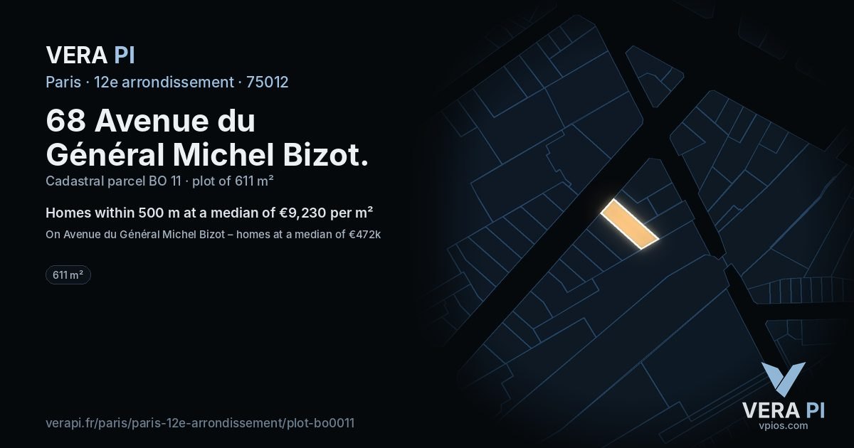 68 Avenue du Général Michel Bizot, 12e arrondissement at night – the plot lit, the parcels around coloured by the prices near them