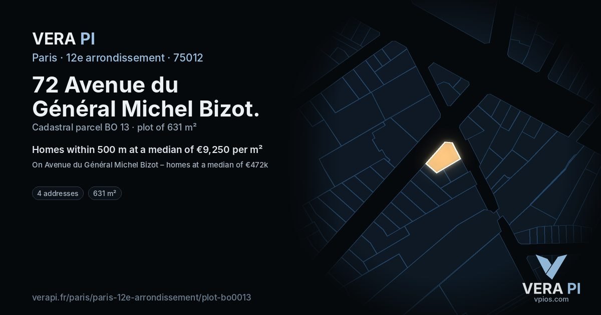 72 Avenue du Général Michel Bizot, 12e arrondissement at night – the plot lit, the parcels around coloured by the prices near them