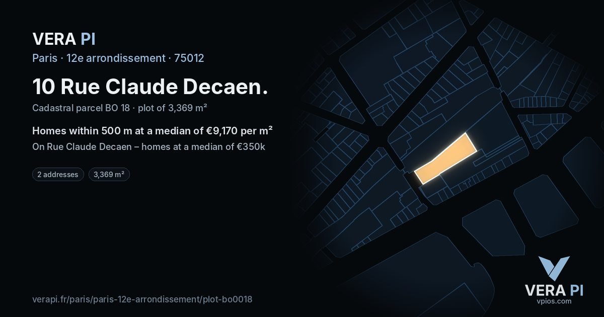 10 Rue Claude Decaen, 12e arrondissement at night – the plot lit, the parcels around coloured by the prices near them