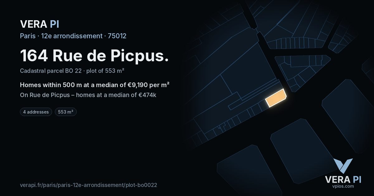 164 Rue de Picpus, 12e arrondissement at night – the plot lit, the parcels around coloured by the prices near them