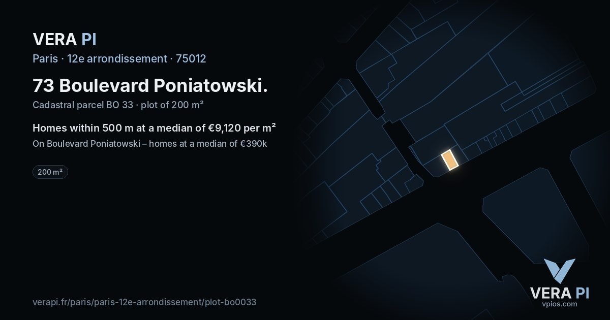 73 Boulevard Poniatowski, 12e arrondissement at night – the plot lit, the parcels around coloured by the prices near them