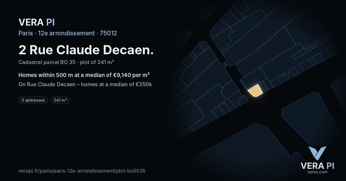 2 Rue Claude Decaen, 12e arrondissement at night – the plot lit, the parcels around coloured by the prices near them