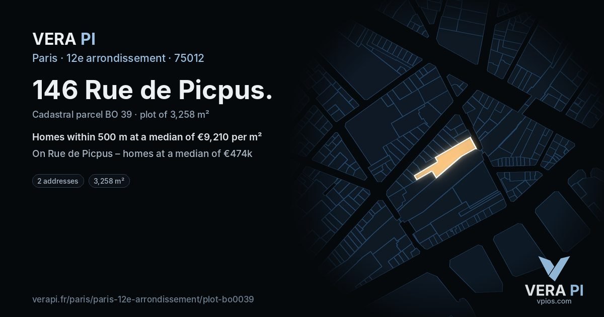 146 Rue de Picpus, 12e arrondissement at night – the plot lit, the parcels around coloured by the prices near them
