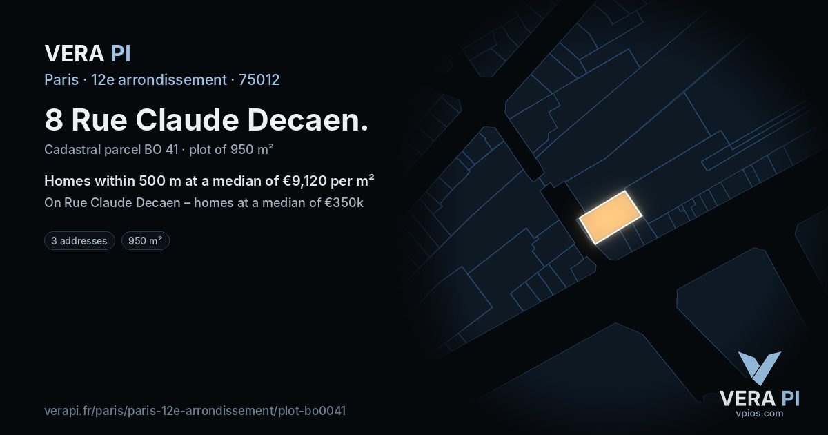 8 Rue Claude Decaen, 12e arrondissement at night – the plot lit, the parcels around coloured by the prices near them