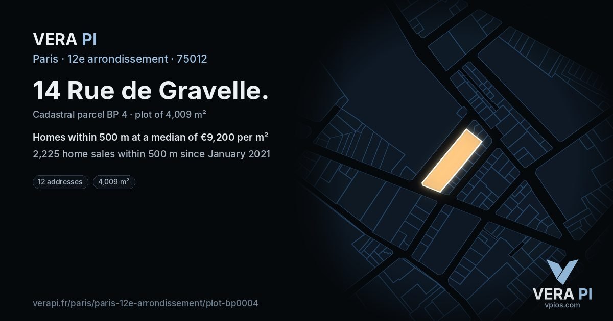 14 Rue de Gravelle, 12e arrondissement at night – the plot lit, the parcels around coloured by the prices near them