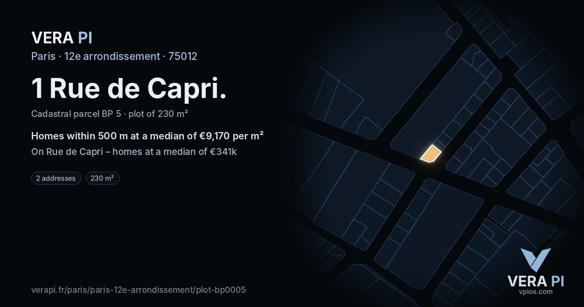 1 Rue de Capri, 12e arrondissement at night – the plot lit, the parcels around coloured by the prices near them