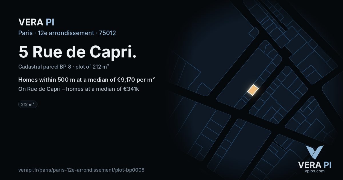 5 Rue de Capri, 12e arrondissement at night – the plot lit, the parcels around coloured by the prices near them