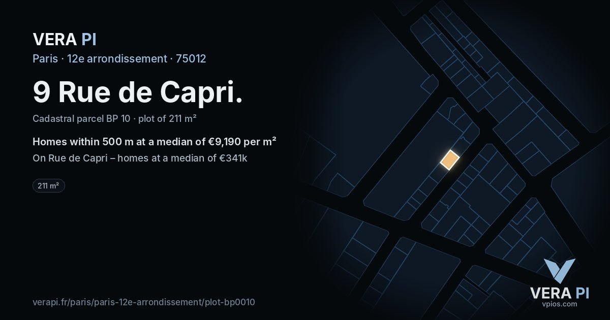 9 Rue de Capri, 12e arrondissement at night – the plot lit, the parcels around coloured by the prices near them