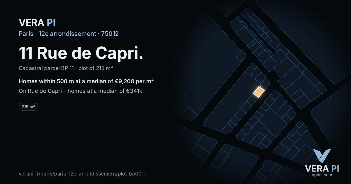 11 Rue de Capri, 12e arrondissement at night – the plot lit, the parcels around coloured by the prices near them