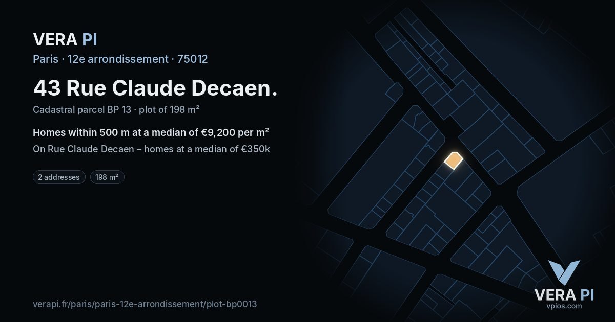 43 Rue Claude Decaen, 12e arrondissement at night – the plot lit, the parcels around coloured by the prices near them