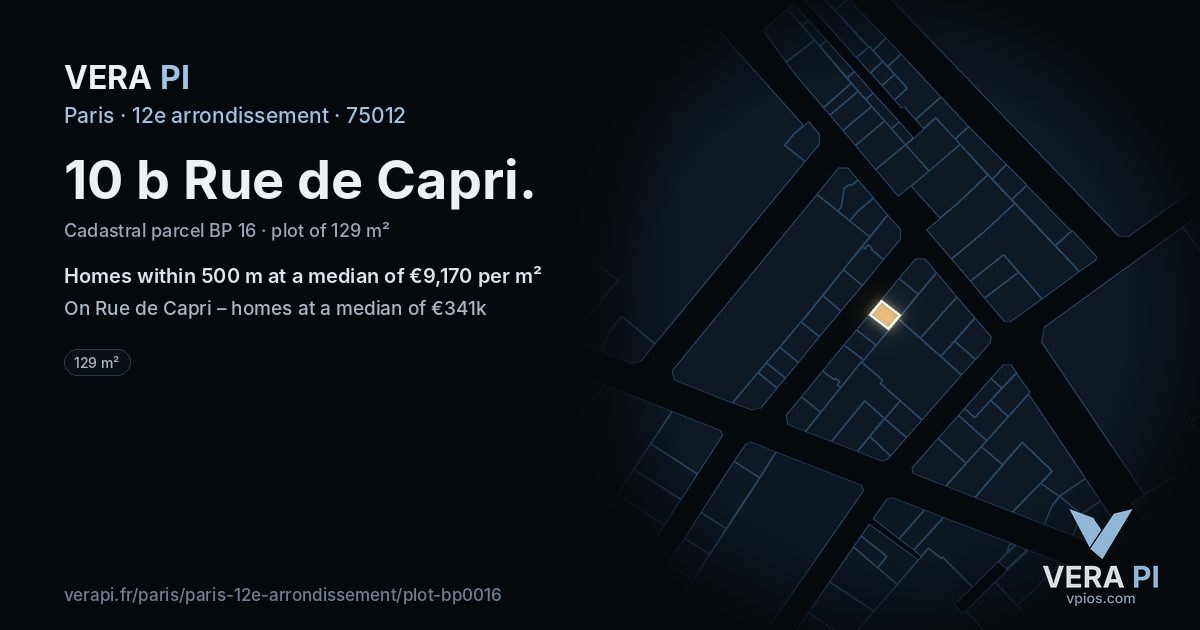 10 b Rue de Capri, 12e arrondissement at night – the plot lit, the parcels around coloured by the prices near them