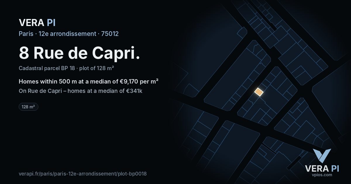 8 Rue de Capri, 12e arrondissement at night – the plot lit, the parcels around coloured by the prices near them