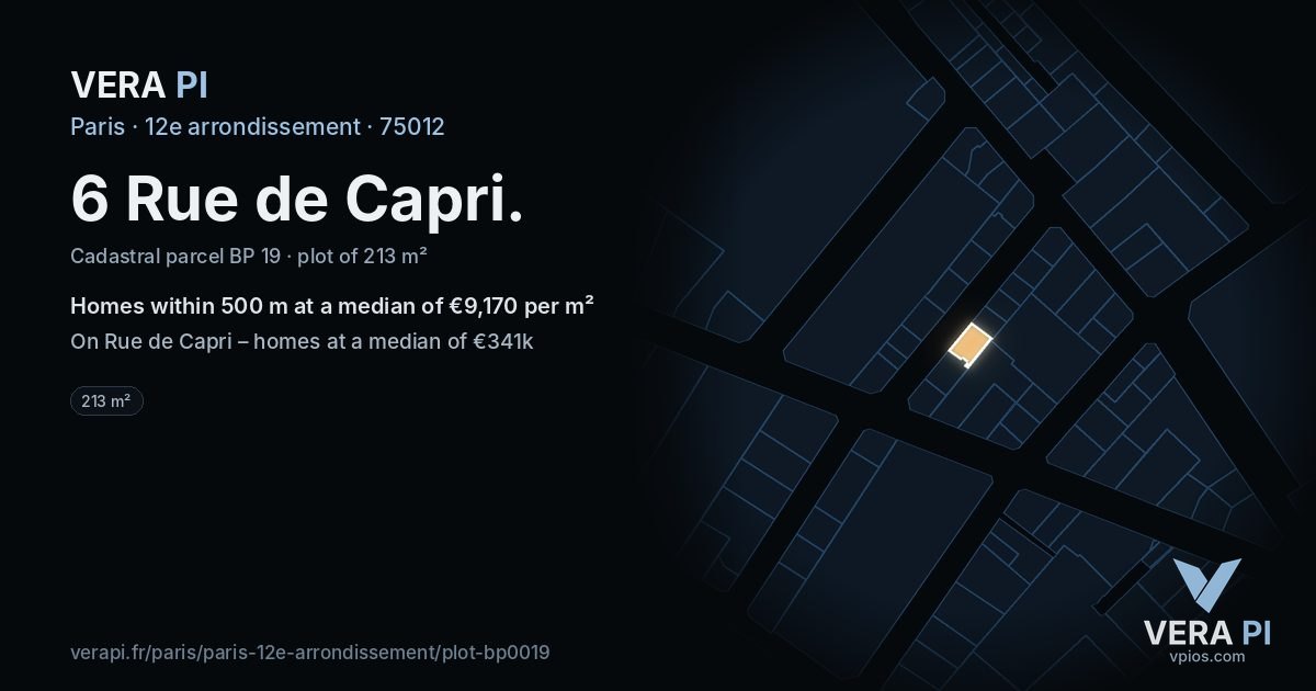 6 Rue de Capri, 12e arrondissement at night – the plot lit, the parcels around coloured by the prices near them