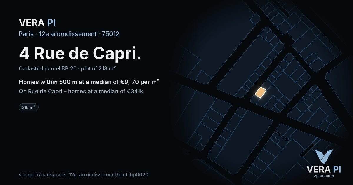4 Rue de Capri, 12e arrondissement at night – the plot lit, the parcels around coloured by the prices near them