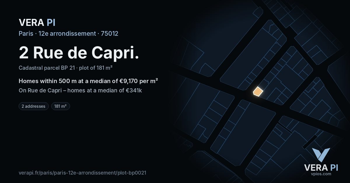 2 Rue de Capri, 12e arrondissement at night – the plot lit, the parcels around coloured by the prices near them