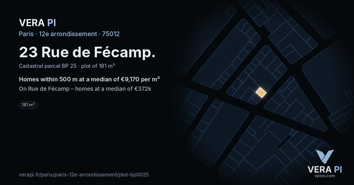 23 Rue de Fécamp, 12e arrondissement at night – the plot lit, the parcels around coloured by the prices near them