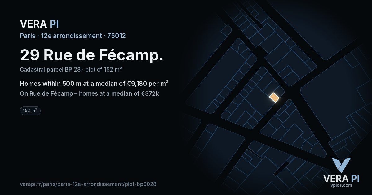 29 Rue de Fécamp, 12e arrondissement at night – the plot lit, the parcels around coloured by the prices near them