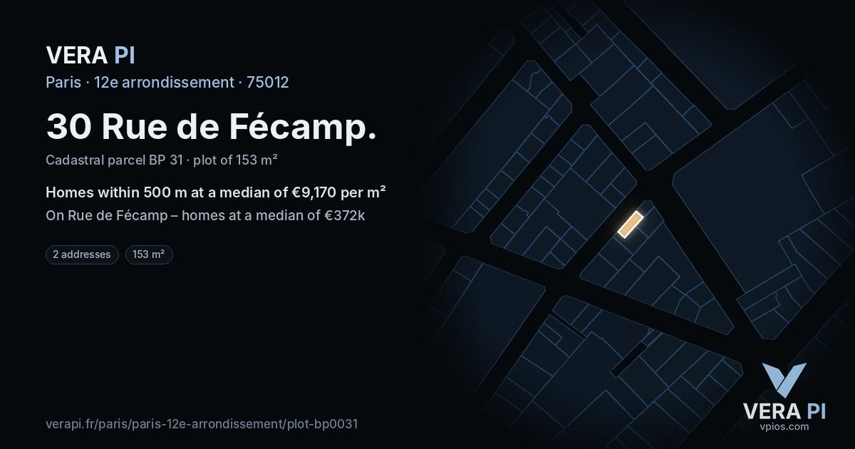 30 Rue de Fécamp, 12e arrondissement at night – the plot lit, the parcels around coloured by the prices near them