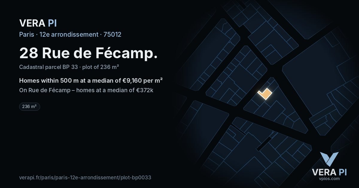 28 Rue de Fécamp, 12e arrondissement at night – the plot lit, the parcels around coloured by the prices near them