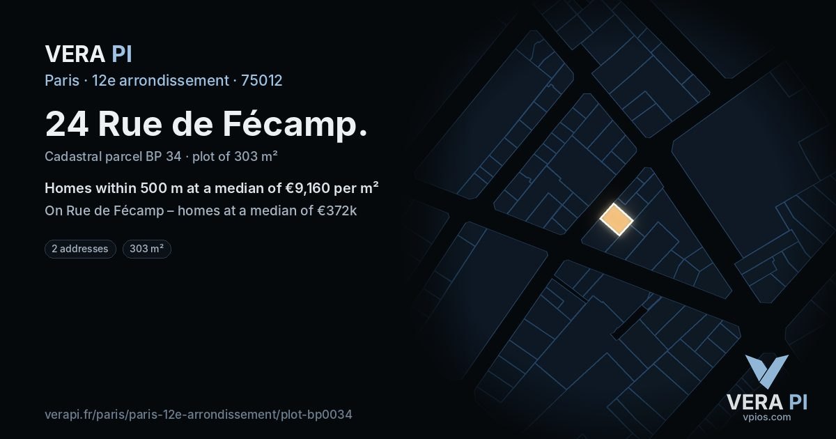 24 Rue de Fécamp, 12e arrondissement at night – the plot lit, the parcels around coloured by the prices near them