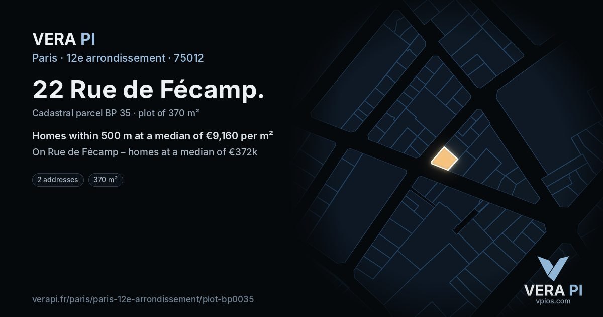 22 Rue de Fécamp, 12e arrondissement at night – the plot lit, the parcels around coloured by the prices near them