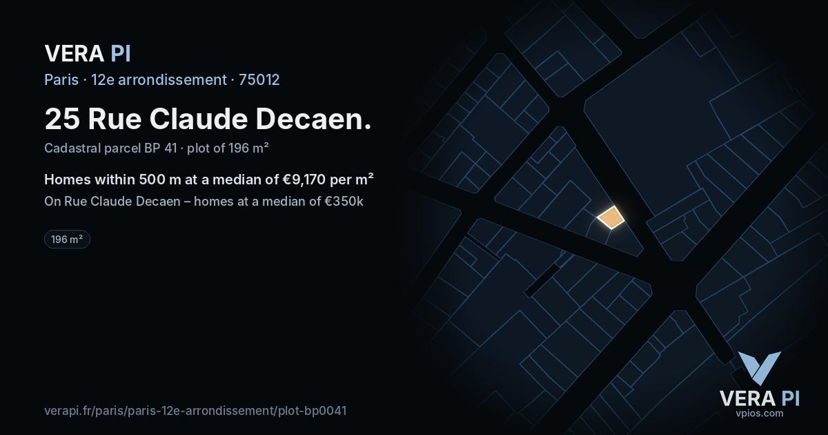 25 Rue Claude Decaen, 12e arrondissement at night – the plot lit, the parcels around coloured by the prices near them