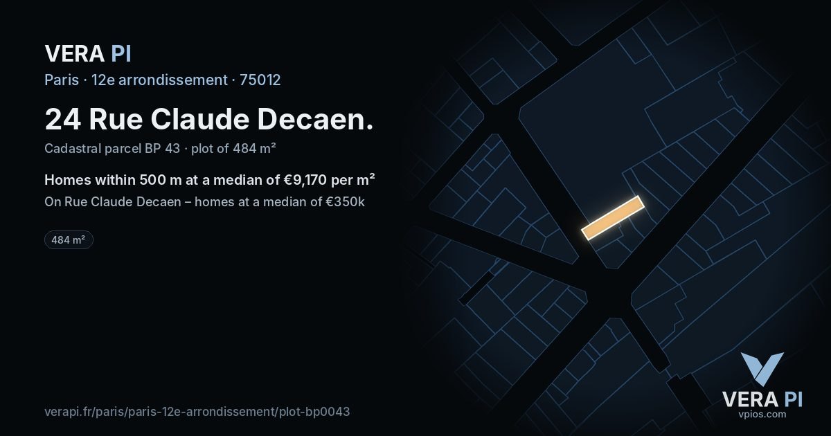 24 Rue Claude Decaen, 12e arrondissement at night – the plot lit, the parcels around coloured by the prices near them