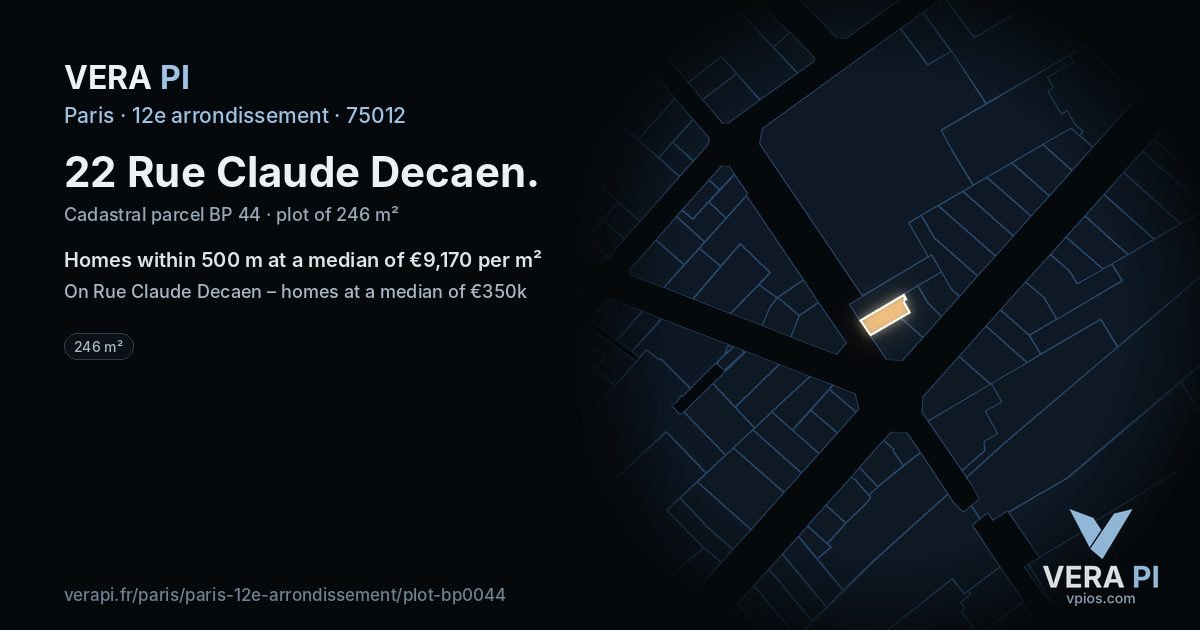 22 Rue Claude Decaen, 12e arrondissement at night – the plot lit, the parcels around coloured by the prices near them