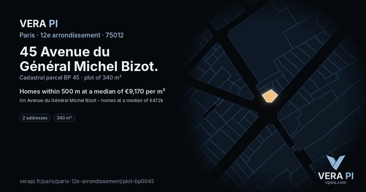 45 Avenue du Général Michel Bizot, 12e arrondissement at night – the plot lit, the parcels around coloured by the prices near them