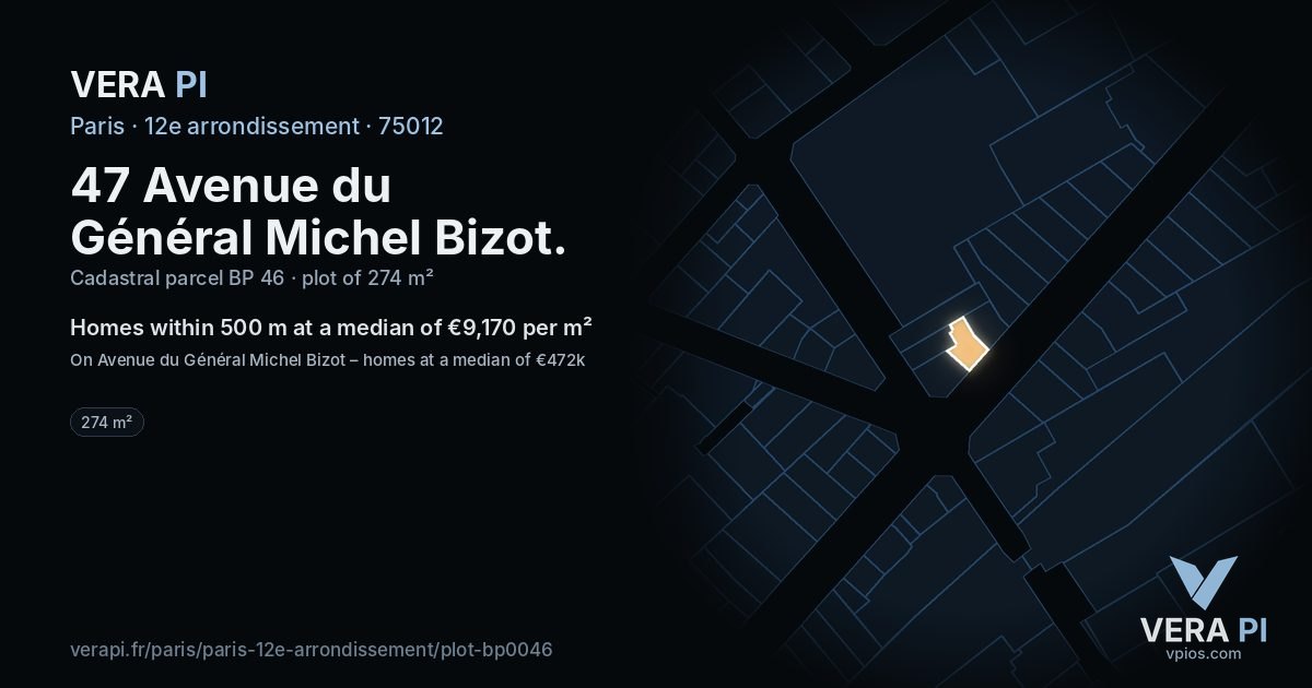 47 Avenue du Général Michel Bizot, 12e arrondissement at night – the plot lit, the parcels around coloured by the prices near them