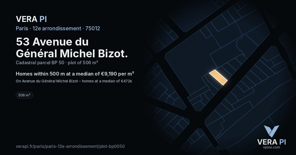 53 Avenue du Général Michel Bizot, 12e arrondissement at night – the plot lit, the parcels around coloured by the prices near them