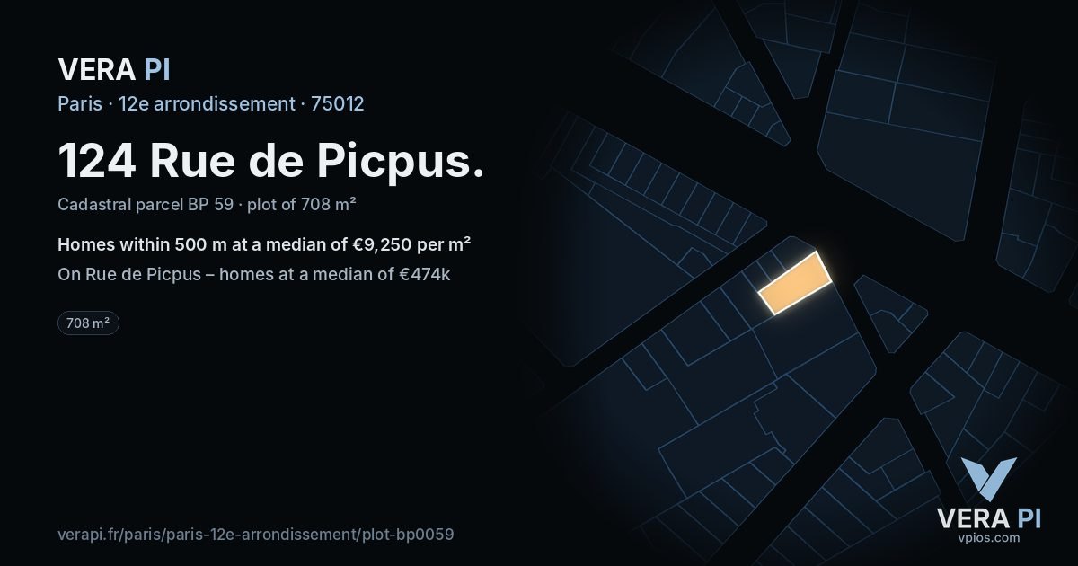 124 Rue de Picpus, 12e arrondissement at night – the plot lit, the parcels around coloured by the prices near them
