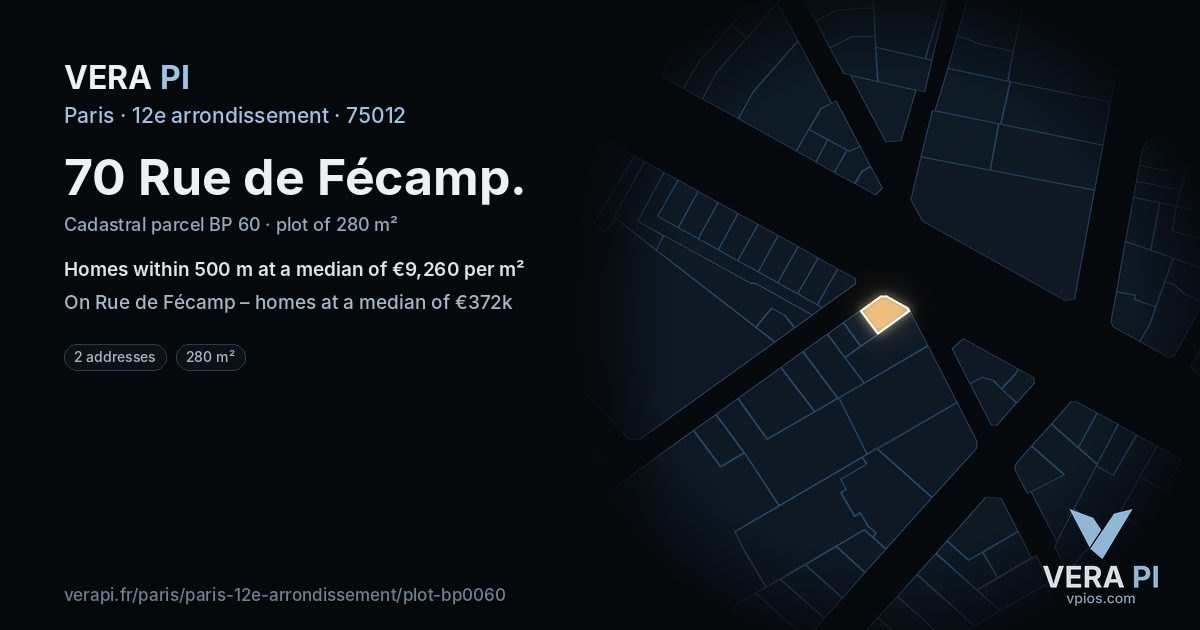 70 Rue de Fécamp, 12e arrondissement at night – the plot lit, the parcels around coloured by the prices near them