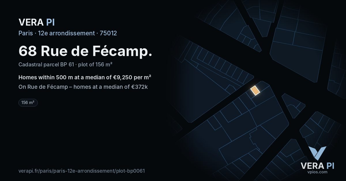 68 Rue de Fécamp, 12e arrondissement at night – the plot lit, the parcels around coloured by the prices near them