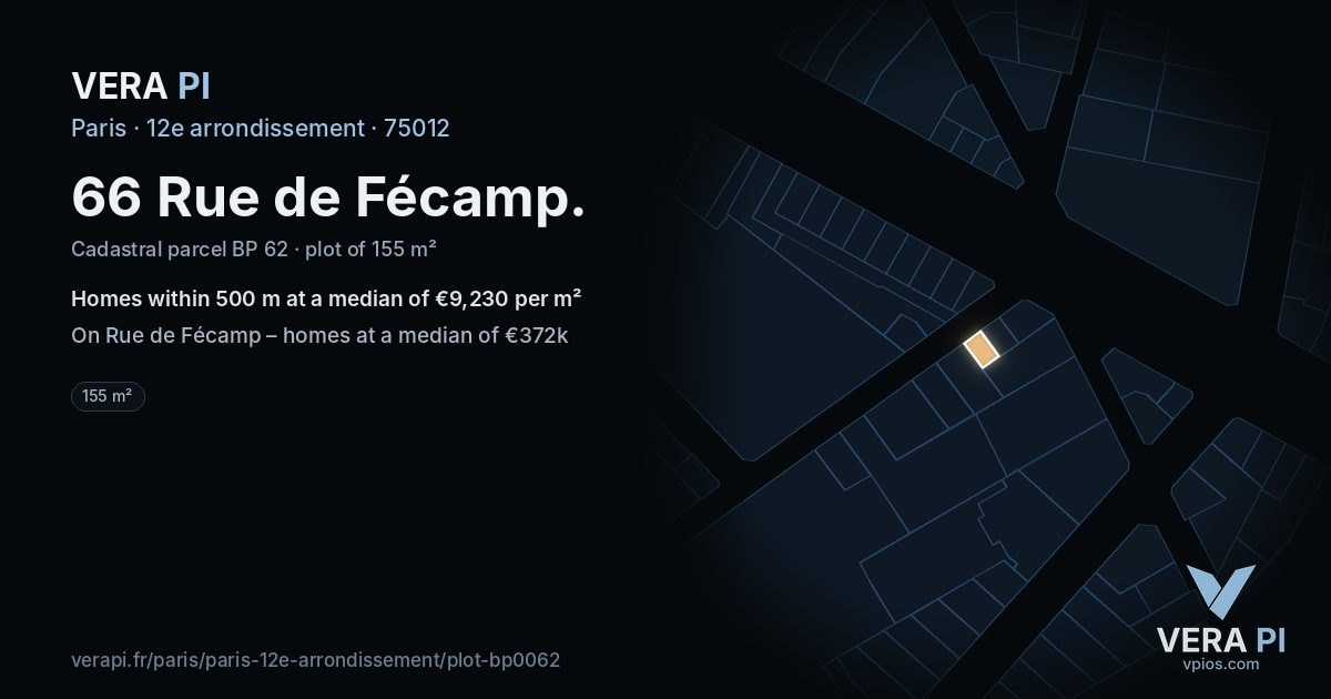 66 Rue de Fécamp, 12e arrondissement at night – the plot lit, the parcels around coloured by the prices near them